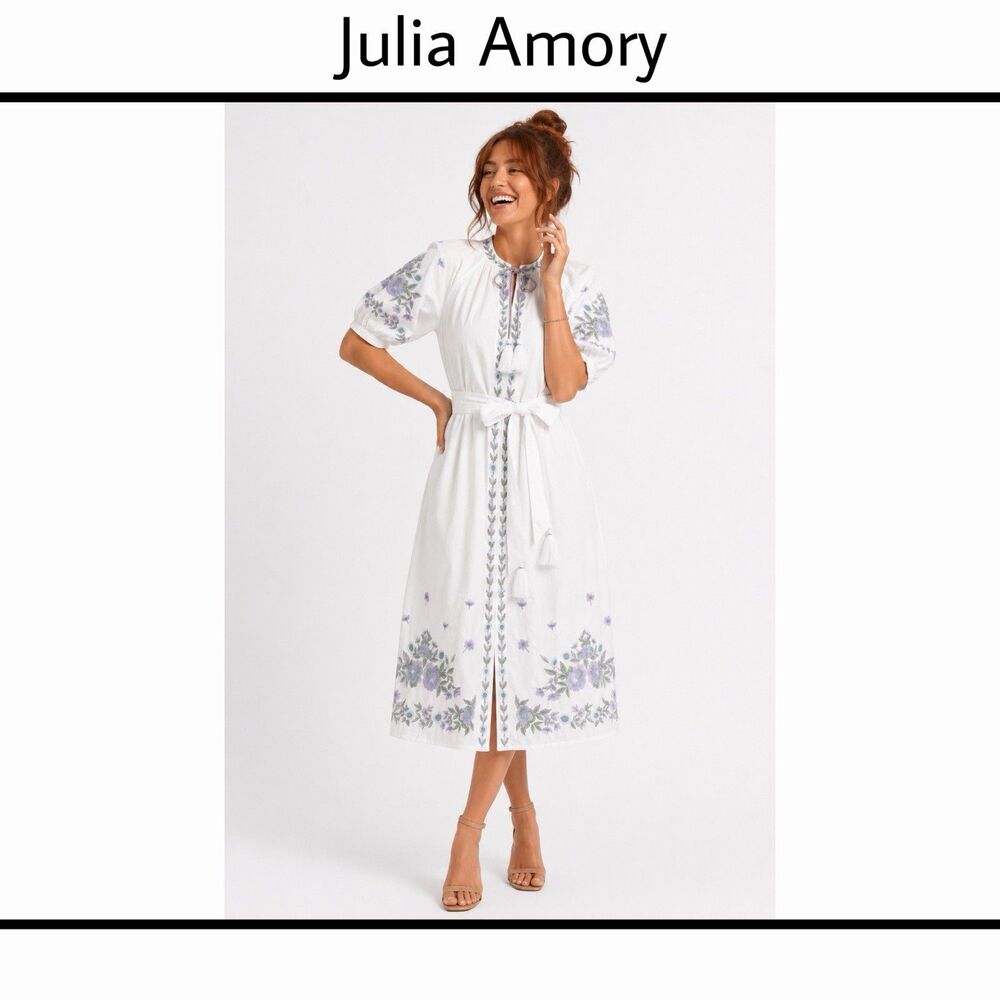 NWT Julia Amory White Purple Embroidered Floral Caftan Tunic Midi Dress Size S
